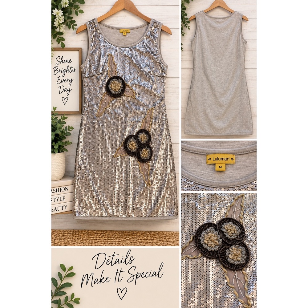 Lulumari Womens Silver Sequin Floral Applique Shift Dress Grey Knit Back Large